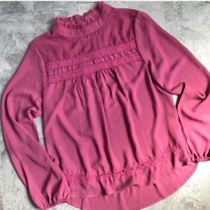 Self Esteem Magenta Lace-Trim Long Sleeve Blouse